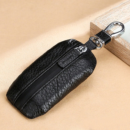 Black litchi-texture zippered car key pouch with metal keyring and clasp attachment