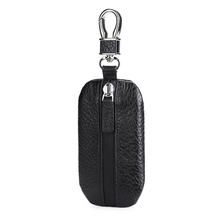 Black litchi-texture leather key pouch with zipper and swivel keyring loop