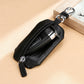 Black zippered car key pouch with litchi-texture, metal keyring, and open key holder