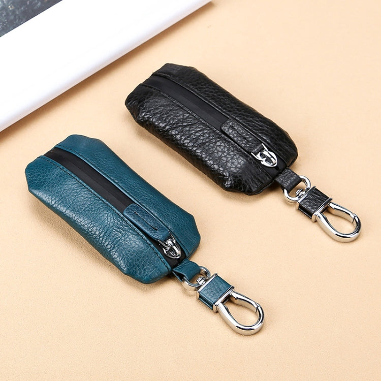 Teal and black litchi-texture zippered key pouches with metal keyrings