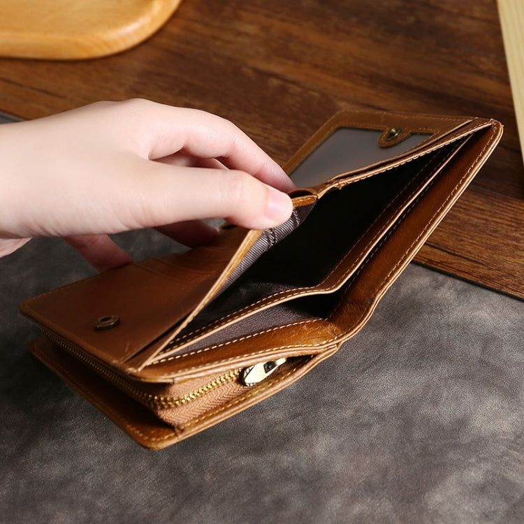 RFID leather wallet, open with card slots and snap closure, brown oilskin finish