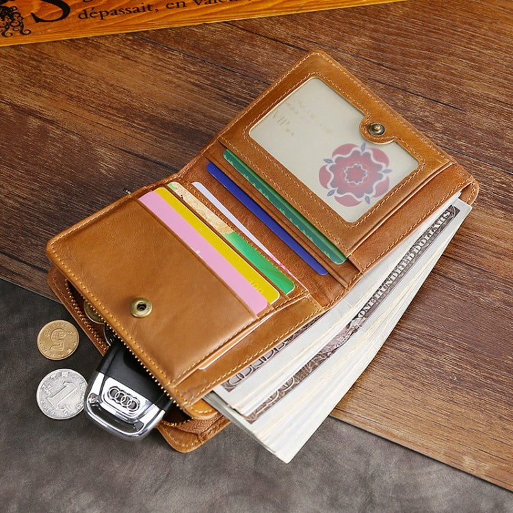 RFID leather wallet with multiple card slots, tan-brown leather, snap front
