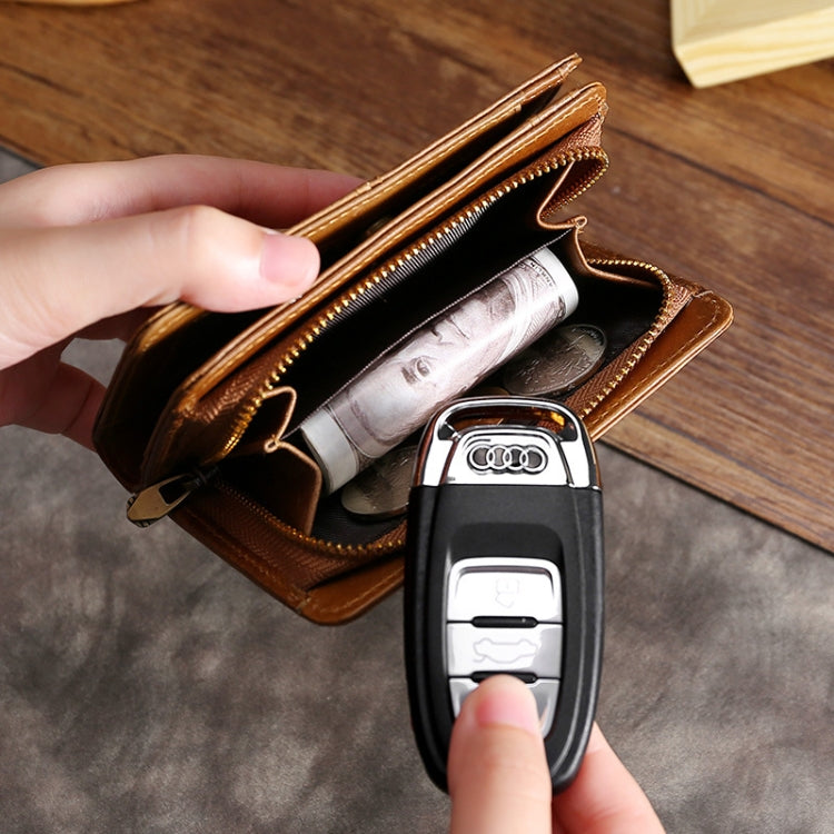 RFID leather wallet with zipper coin pocket and card slots, brown leather