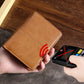 RFID leather wallet, light brown leather, contactless tap icon near front