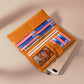 Orange leather wallet open with card slots, photo window, and zipper closure