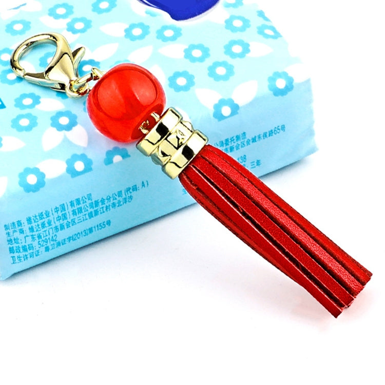 Red cowhide tassel keychain with round bead and gold carabiner clip