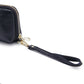 Black genuine leather zip wallet with wrist strap and gold-tone hardware