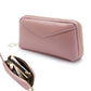Pink genuine leather zip wallet with gold-tone zipper and front chevron seam