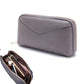 Grey genuine leather zip wallet with gold-tone zipper trim and front chevron seam