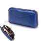 Blue genuine leather zip wallet with gold-tone zipper and front chevron seam