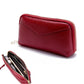 Red genuine leather zip wallet with gold-tone zipper trim and front chevron seam