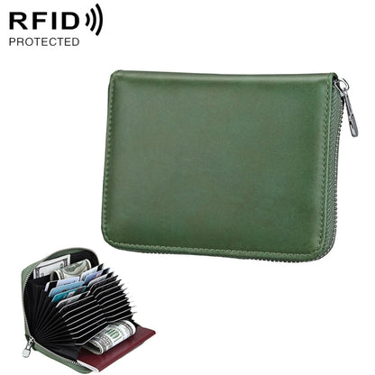 Army green genuine leather zip card wallet with stitched edges and metal zipper pull