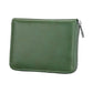 Army green genuine leather card wallet, front view, stitched border and zip closure