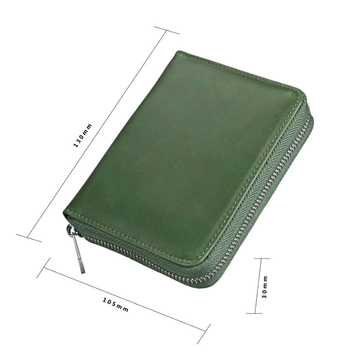 Army green genuine leather zip card wallet, front and side profile with stitched trim