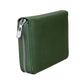 Army green genuine leather zip card wallet, side view with silver zipper hardware