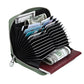 Army green genuine leather zip card wallet holding cards and cash, accordion-style interior