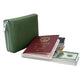 Army green genuine leather zip card wallet with passport and stacked bills in an open sleeve