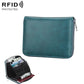 Blue-green genuine leather zip card wallet with stitched edges and metal zipper pull