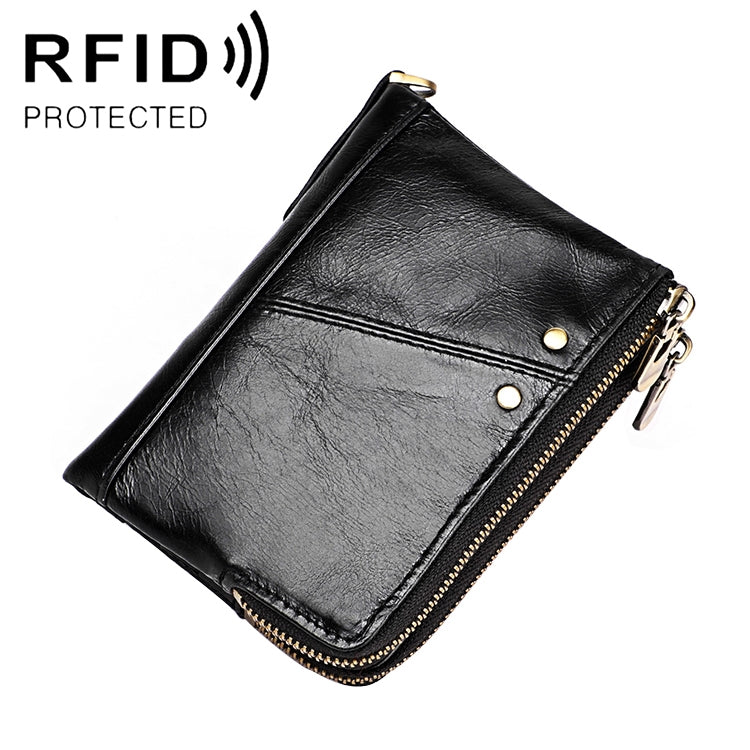 Black leather RFID wallet with zip closure and gold-tone hardware, front view