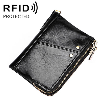Black leather RFID wallet with zip closure and gold-tone hardware, front view