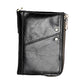 Black leather zip wallet with gold studs and chain pull, side view