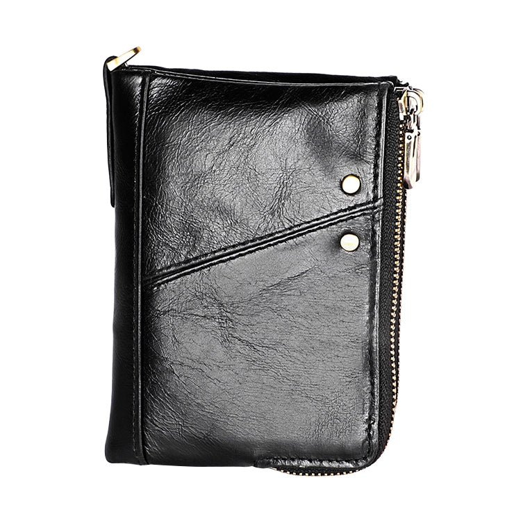 Black leather zip wallet with gold studs and chain pull, side view
