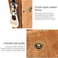 Crazy horse leather wallet close-up with textured finish, metal zipper pulls, and snap button