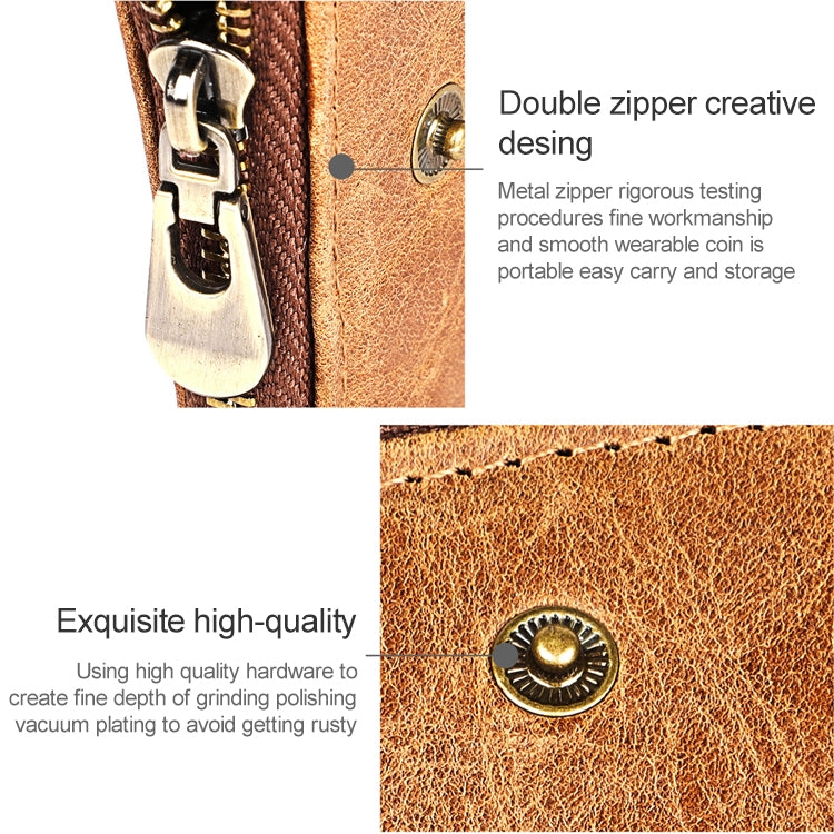 Crazy horse leather wallet close-up with textured finish, metal zipper pulls, and snap button