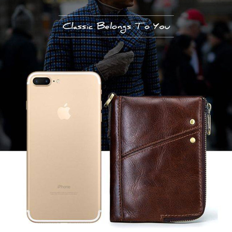Crazy horse leather RFID wallet with flap closure, snap buttons, and dual metal zipper