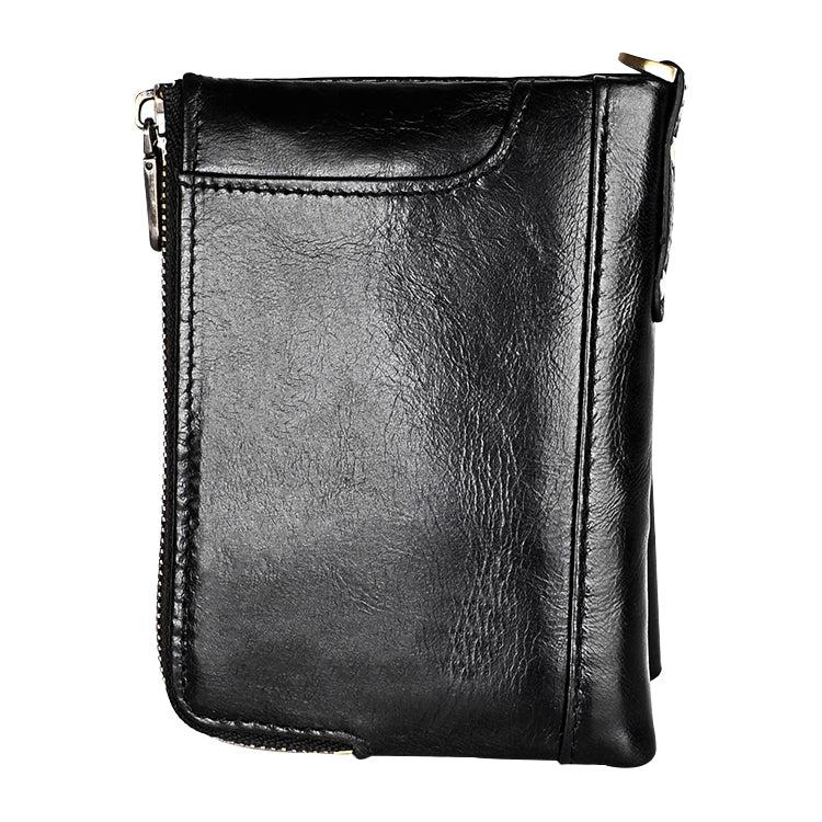 Black leather slim zip wallet with textured finish, front view