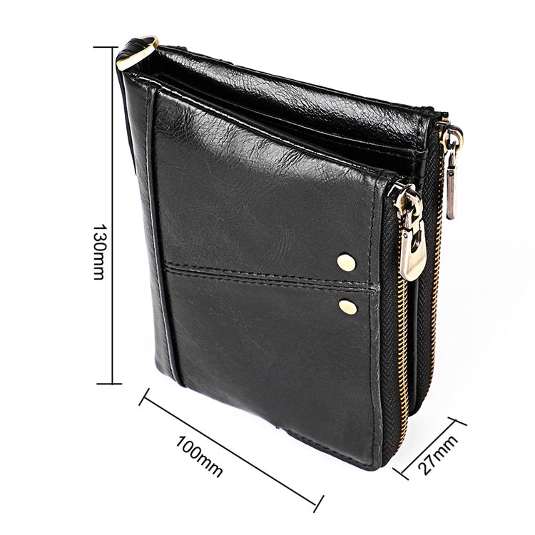 Black leather zip wallet with dimensioned layout, front close-up