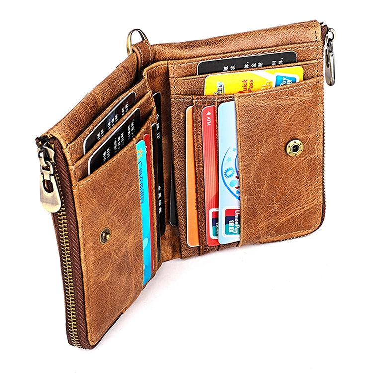 Brown leather zip wallet with card slots and top handle, open side view