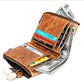 Brown leather wallet open with multiple cards and cash, coin pocket visible