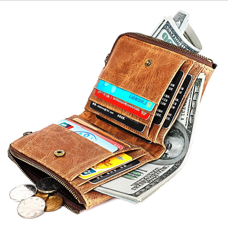 Brown leather wallet open with multiple cards and cash, coin pocket visible