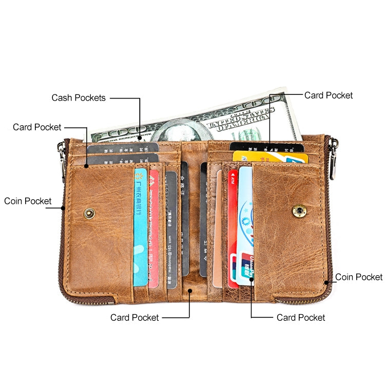 Brown leather multi-slot wallet open, card pockets and coin pocket shown