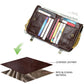 Brown leather bifold wallet open with RFID blocking lining layers
