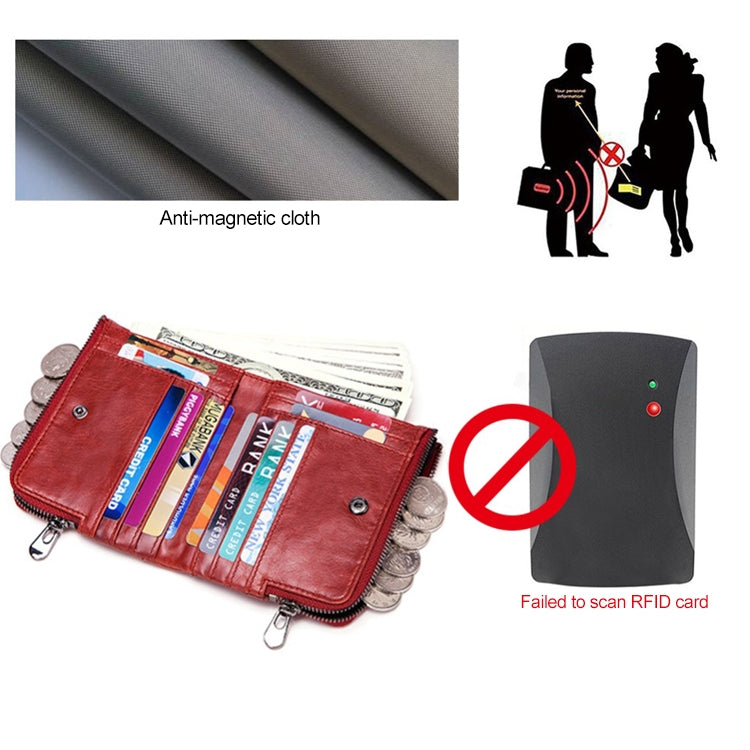 Red leather RFID blocking wallet showing anti-scan protection concept