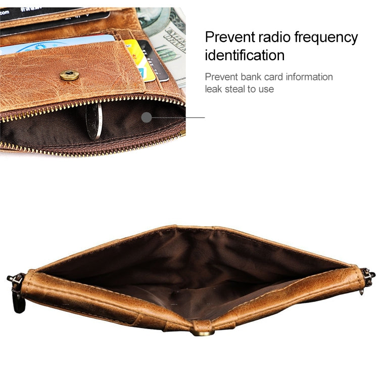 Brown leather zip wallet with interior lining, close-up of RFID area
