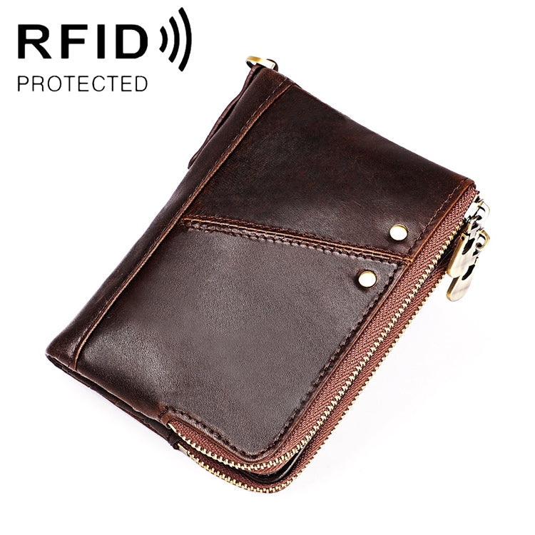 Dark brown crazy horse leather wallet with front patch pocket, snap buttons, and double zipper