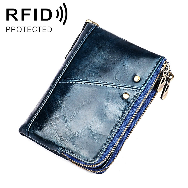 Blue crazy horse leather wallet with front patch pocket, snap buttons, and dual metal zipper