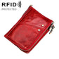 Red crazy horse leather wallet with flap pocket, snap buttons, and dual zipper metal hardware