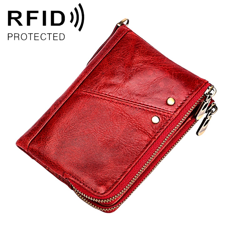 Red crazy horse leather wallet with flap pocket, snap buttons, and dual zipper metal hardware
