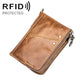 Yellowish-brown crazy horse leather wallet with flap pocket, snap buttons, and dual metal zipper
