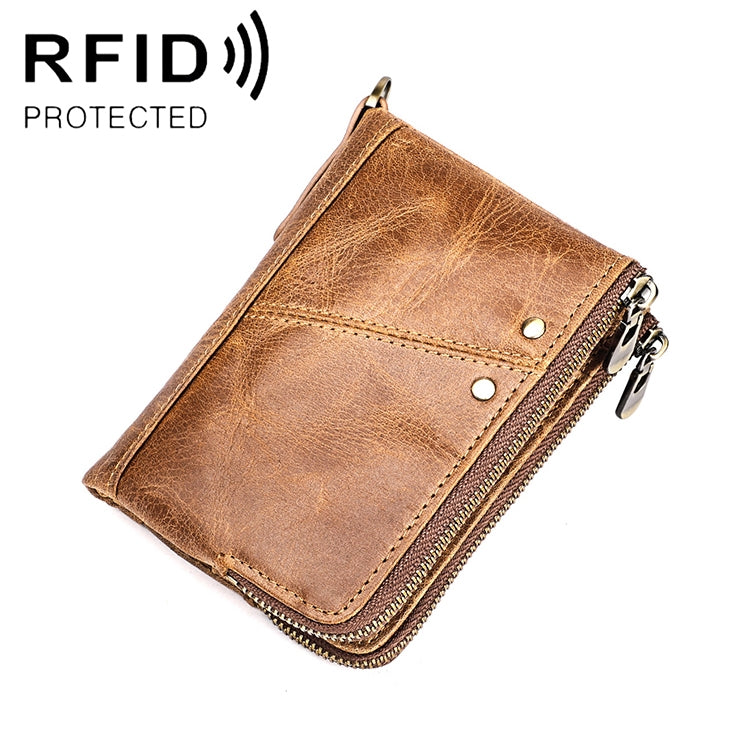 Yellowish-brown crazy horse leather wallet with flap pocket, snap buttons, and dual metal zipper