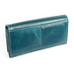 Teal leather long wallet with smooth flap and stitched trim, visible front seam
