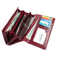 Wine red leather wallet opened to card slots and coin compartment with zipper pocket