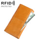 Mustard brown leather zip wallet with RFID protection and cash slot