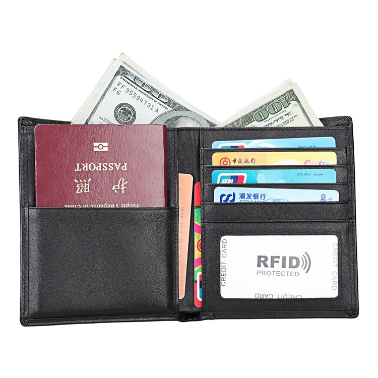Black leather wallet open, card slots and RFID card sleeve with cash compartments