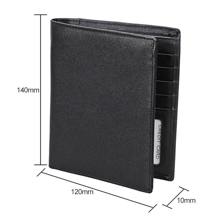 Black leather passport wallet shown with size dimensions and card holder section