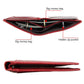 Red leather passport wallet with snap closure, open view showing cash compartments